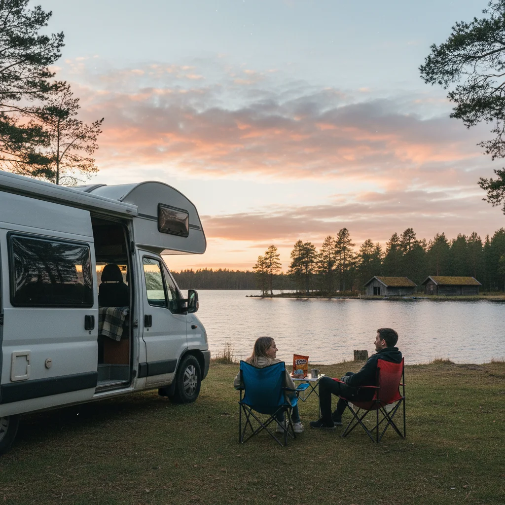 Wohnmobil an einem schwedischen See bei Sonnenuntergang mit Steg und Wald im Hintergrund
