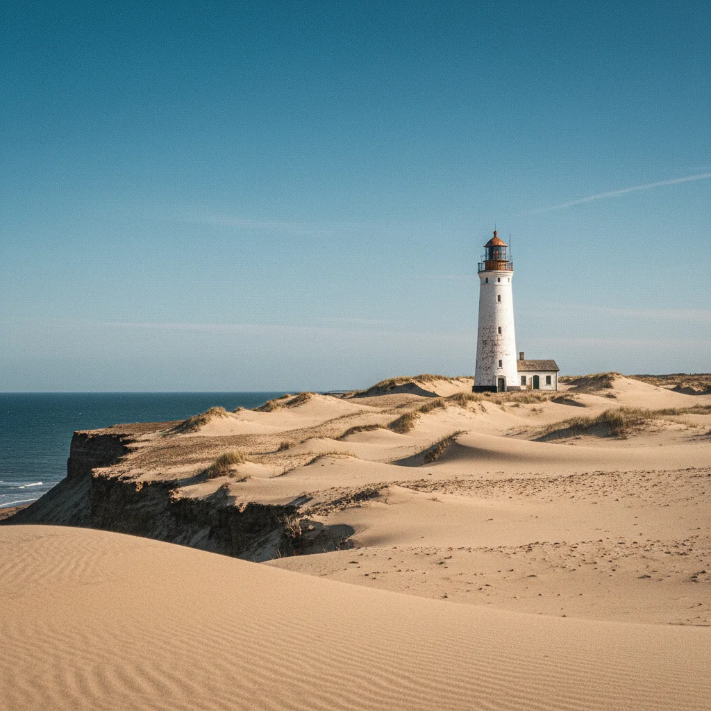 Leuchtturm Rubjerg Knude Fyr umgeben von Wanderdünen an der Steilküste
