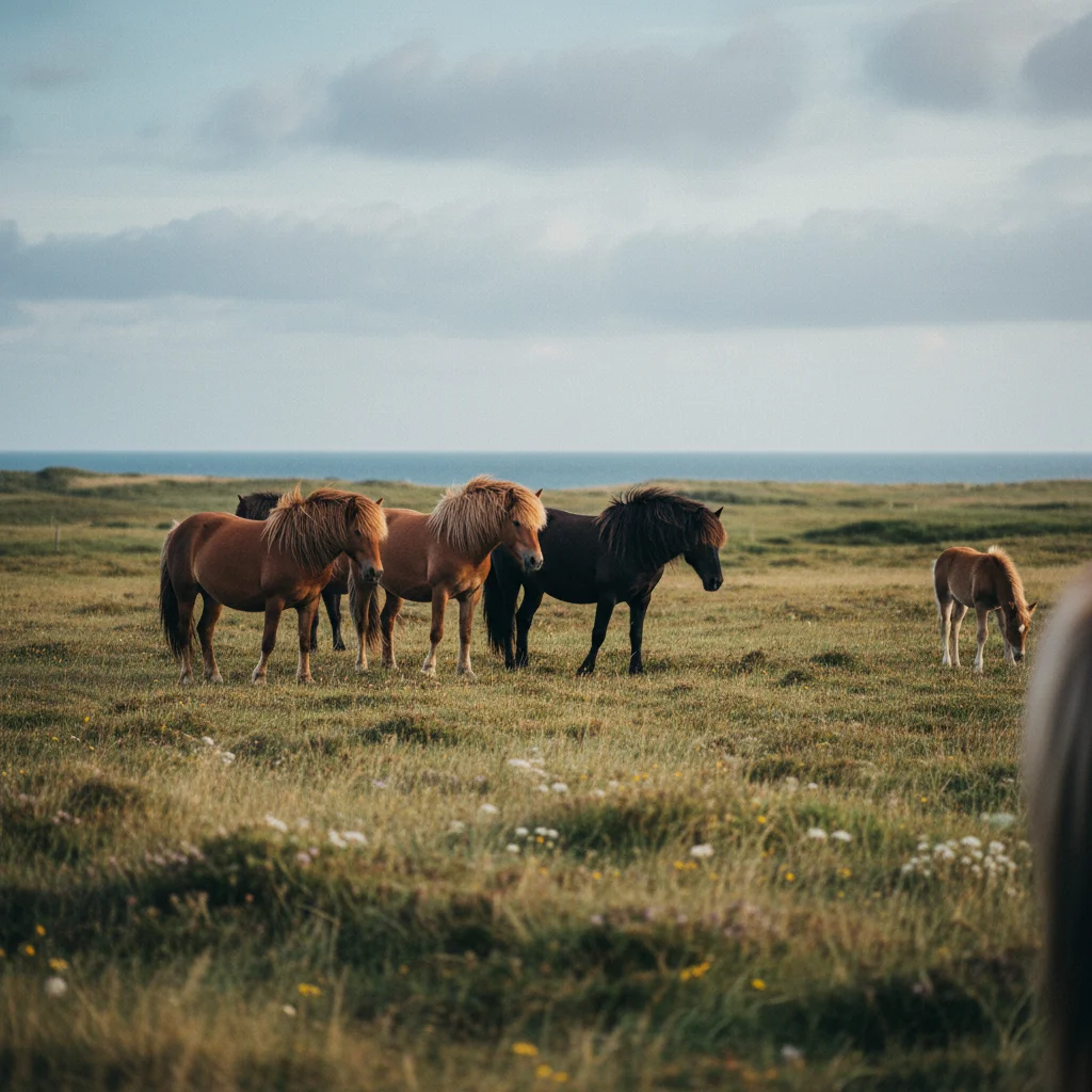 Wildpferde auf Langeland in den Küstenwiesen nahe Rudkøbing