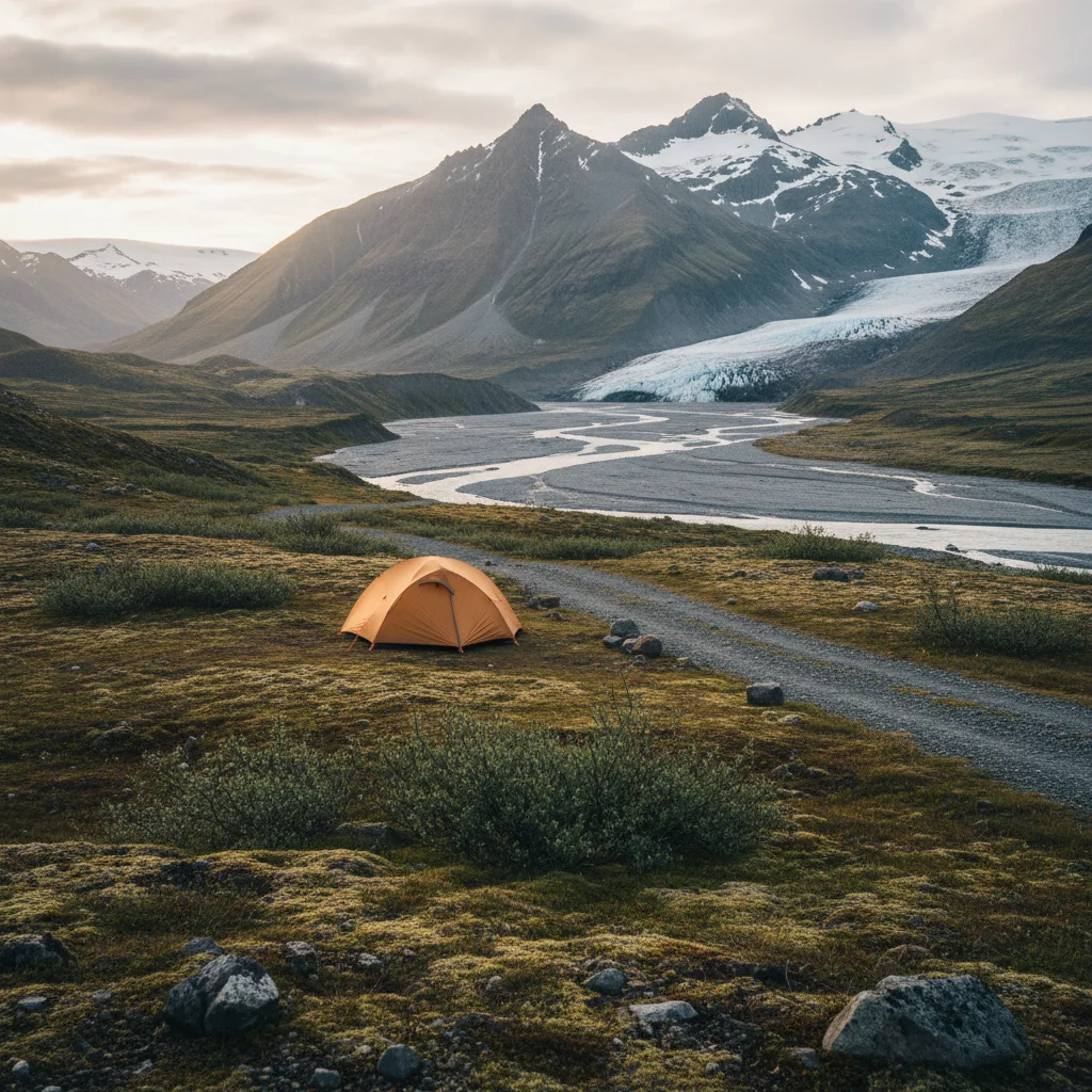 Camping in Island mit Blick auf Berge und Gletscher