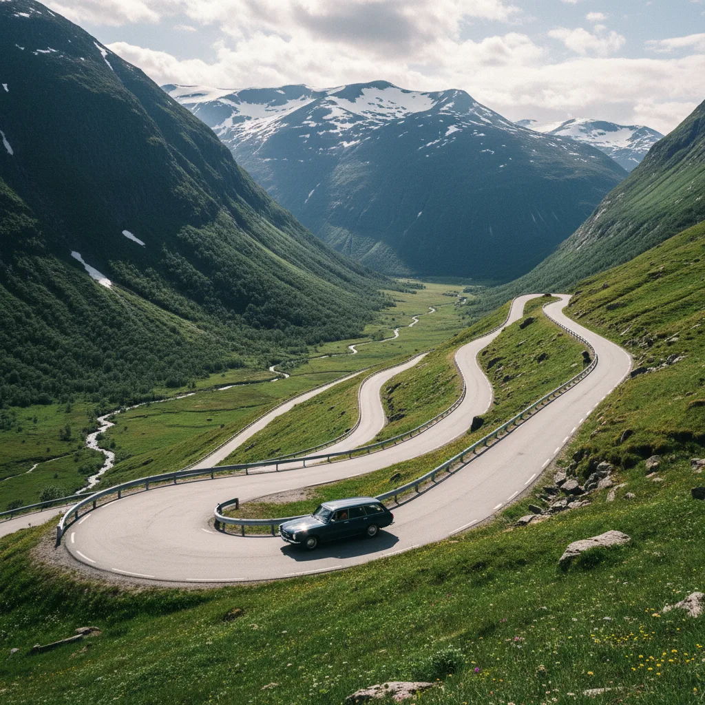 Auto auf einem norwegischen Bergpass mit Schneeresten und weiter Sicht