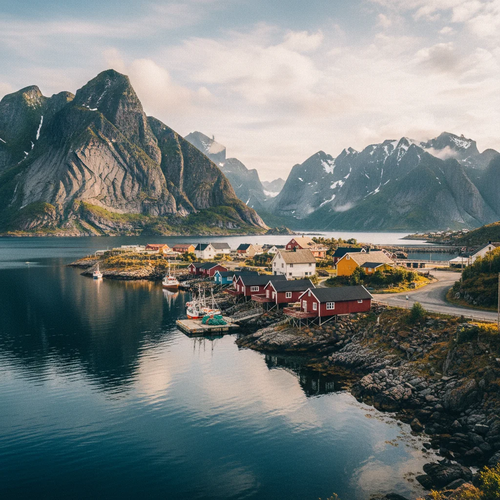 Kleines norwegisches Fischerdorf am Fjord mit bunten Holzhäusern