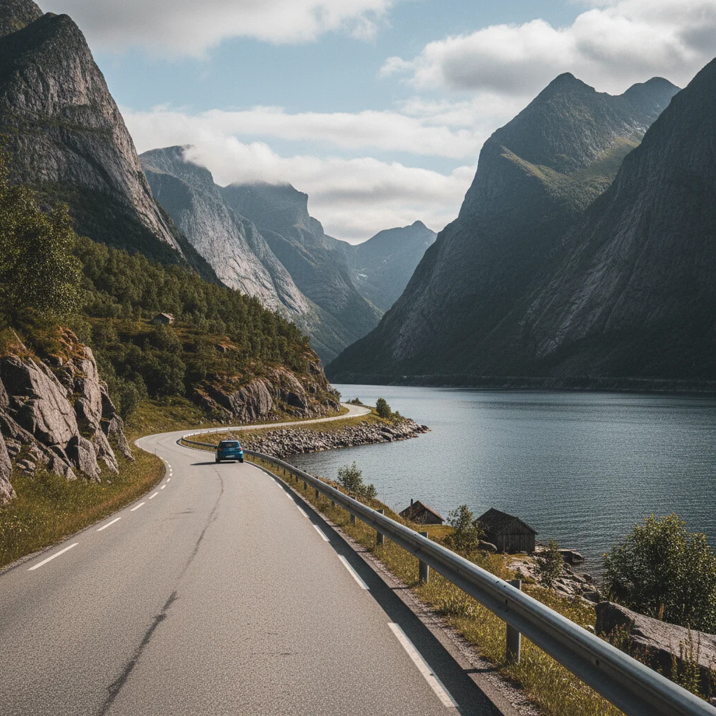 Kurvige Straße entlang eines norwegischen Fjords mit steilen Bergen