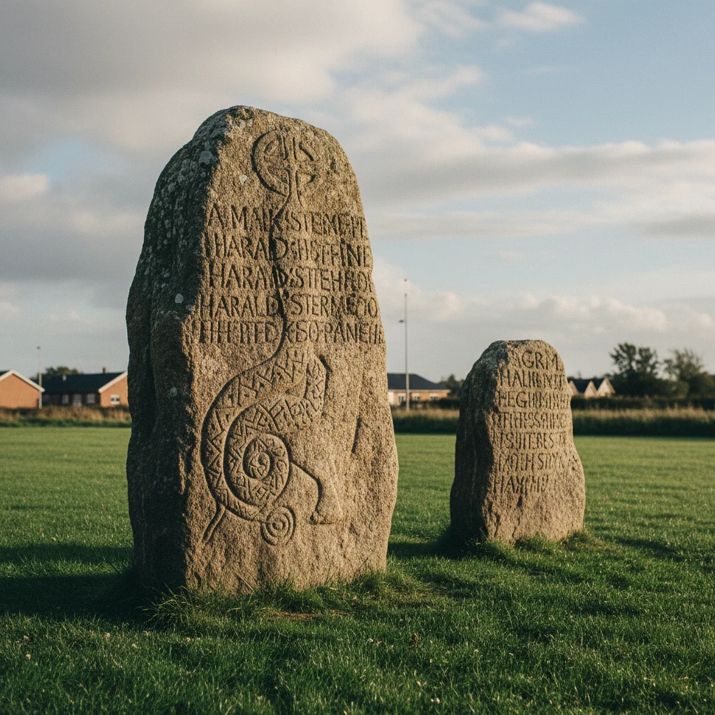 Die Jellingsteine in Dänemark, UNESCO-Welterbe, mit sichtbaren Runeninschriften