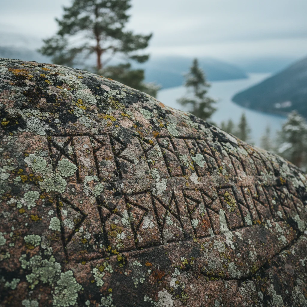Detailaufnahme einer Runeninschrift auf einem alten Stein in Skandinavien