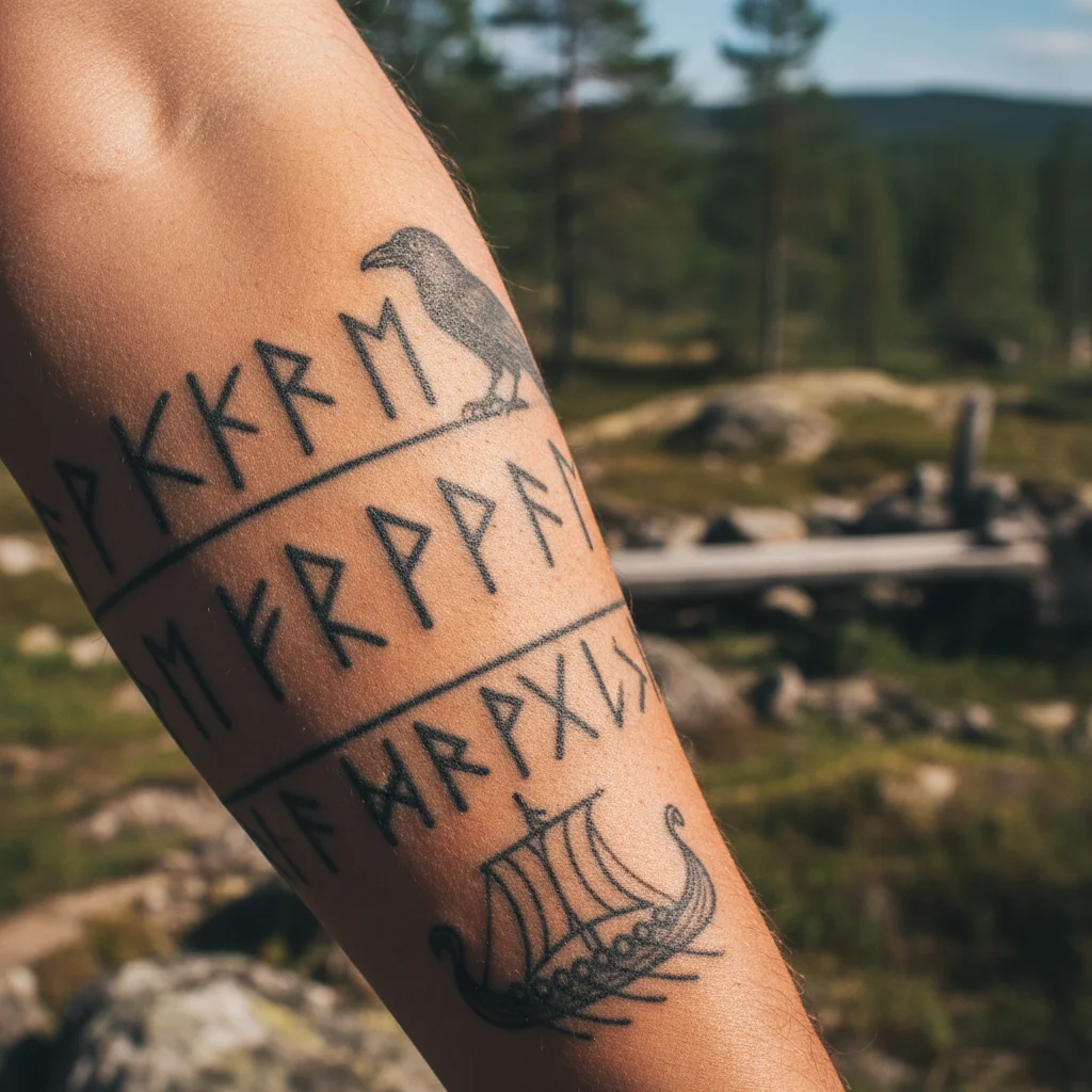 Nahaufnahme eines Runen-Tattoos auf einem Unterarm mit nordischen Motiven
