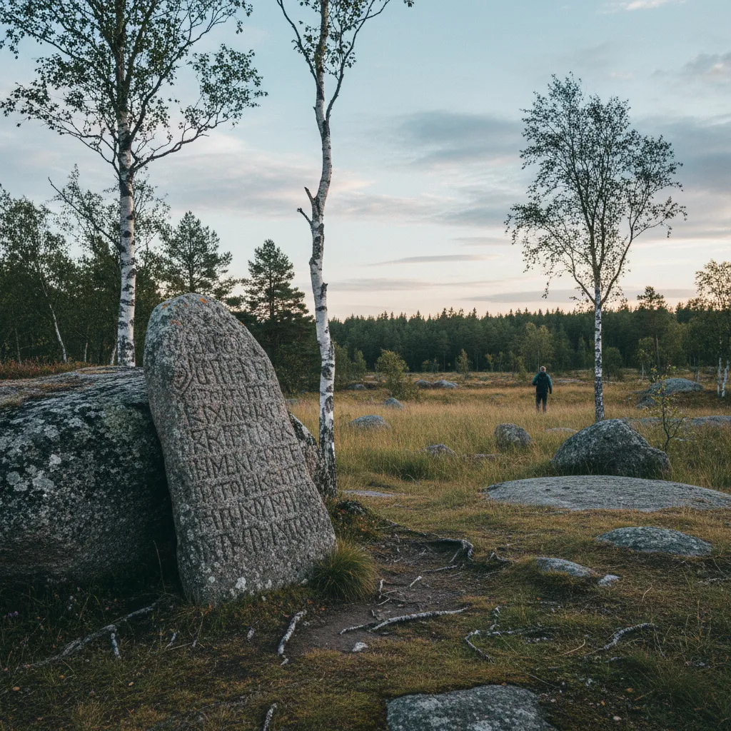 Runenstein aus der Wikingerzeit in der schwedischen Landschaft