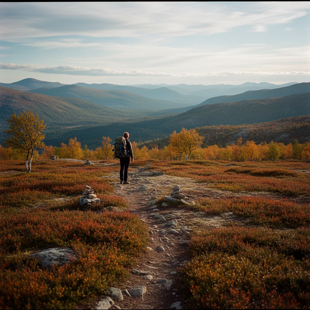Blick von einem Fjell über die herbstliche Tundra in Finnisch-Lappland