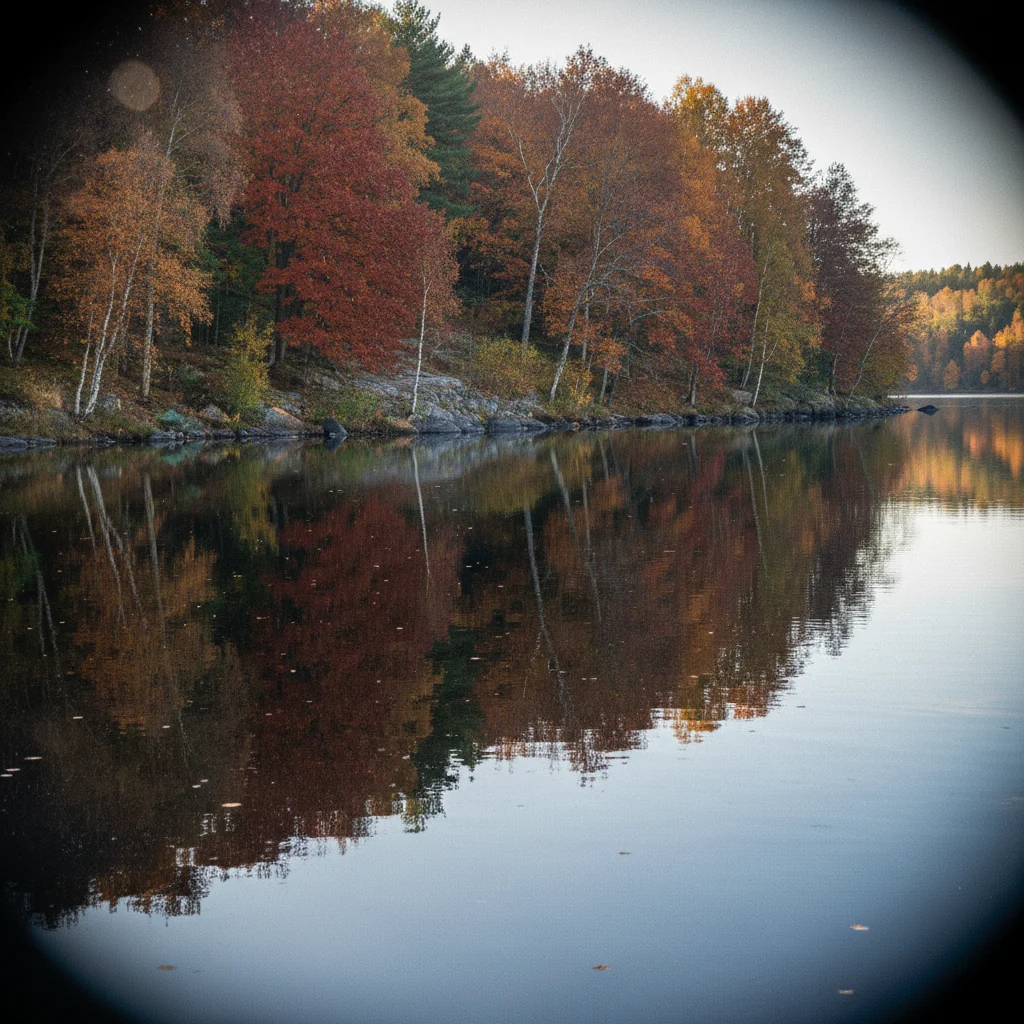 Herbstfärbung spiegelt sich in einem See in Lappland