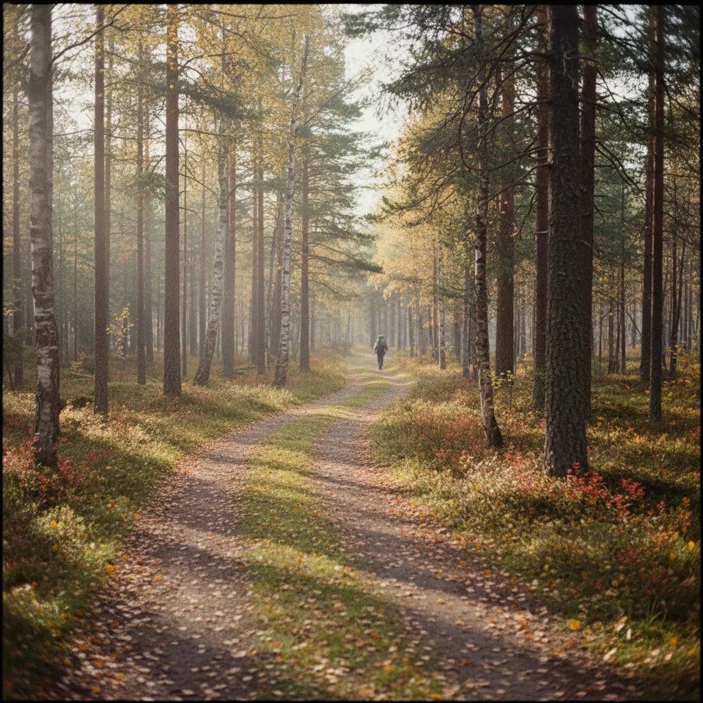 Wanderweg durch herbstlich gefärbte Landschaft in Lappland