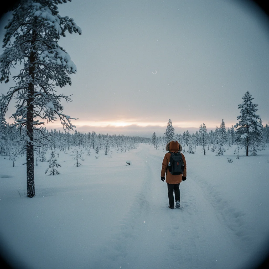 Verschneite Landschaft in Saariselkä mit Blockhütten
