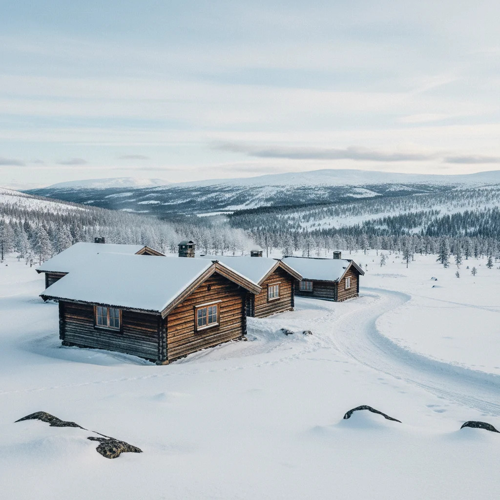 Ferienhütten (Stugor) in Sälen mit verschneiten Dächern und Fjällblick
