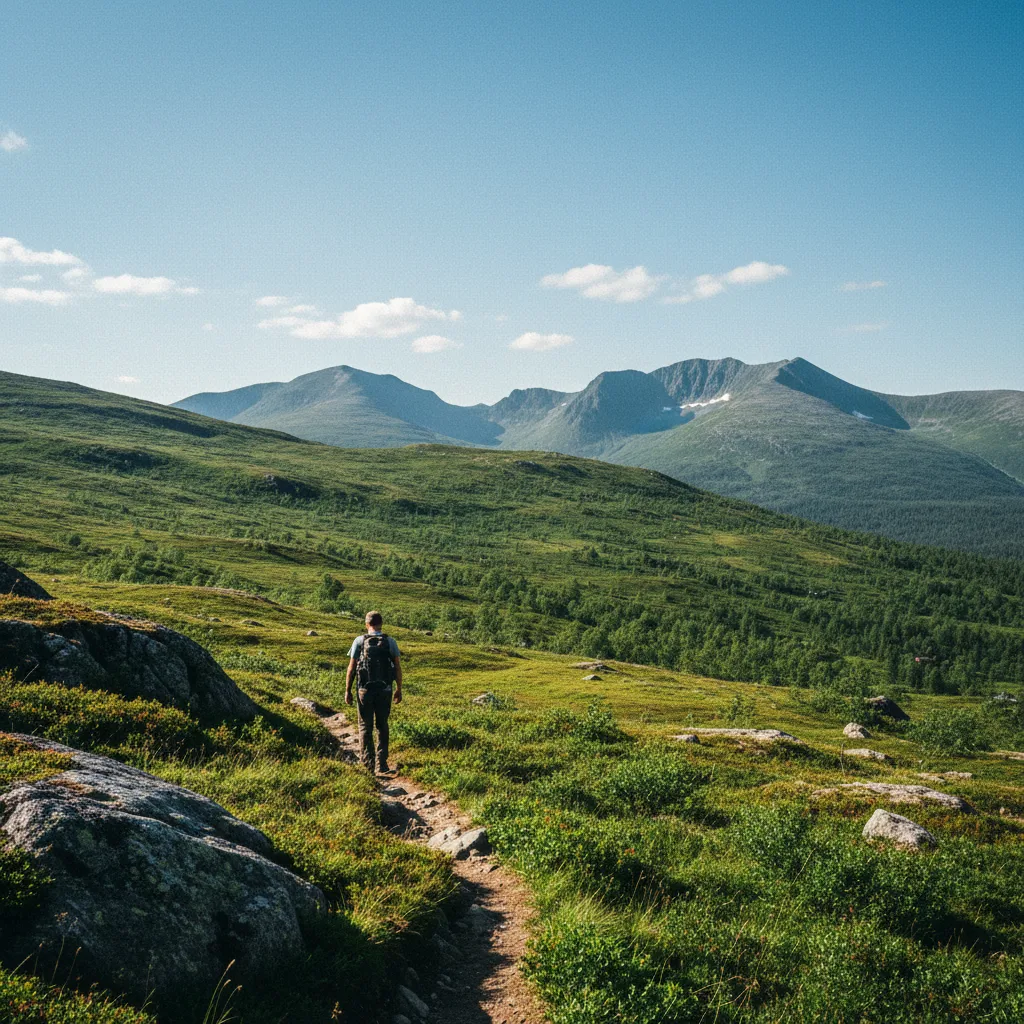 Wandern in den Fjällen bei Sälen im Sommer mit grünen Hängen und blauem Himmel