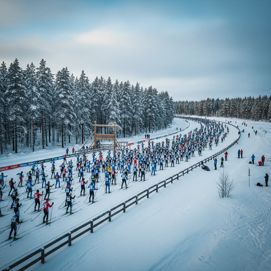 Vasaloppet Startbereich in Sälen mit Langläufern auf der verschneiten Strecke