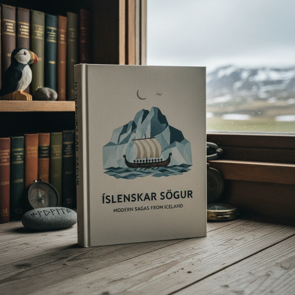 Modernes Buch mit isländischen Sagas vor einem Bücherregal
