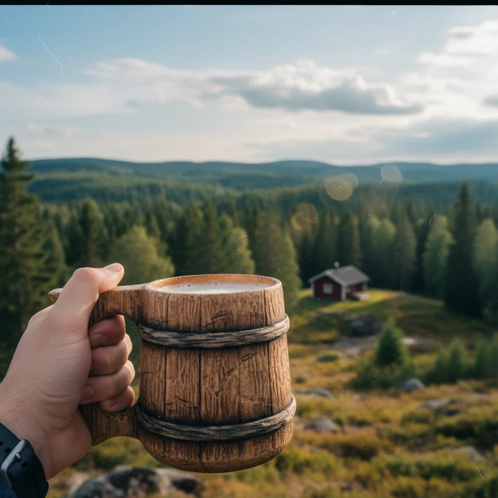 Ein Glas Sahti-Bier mit trüber, goldener Farbe