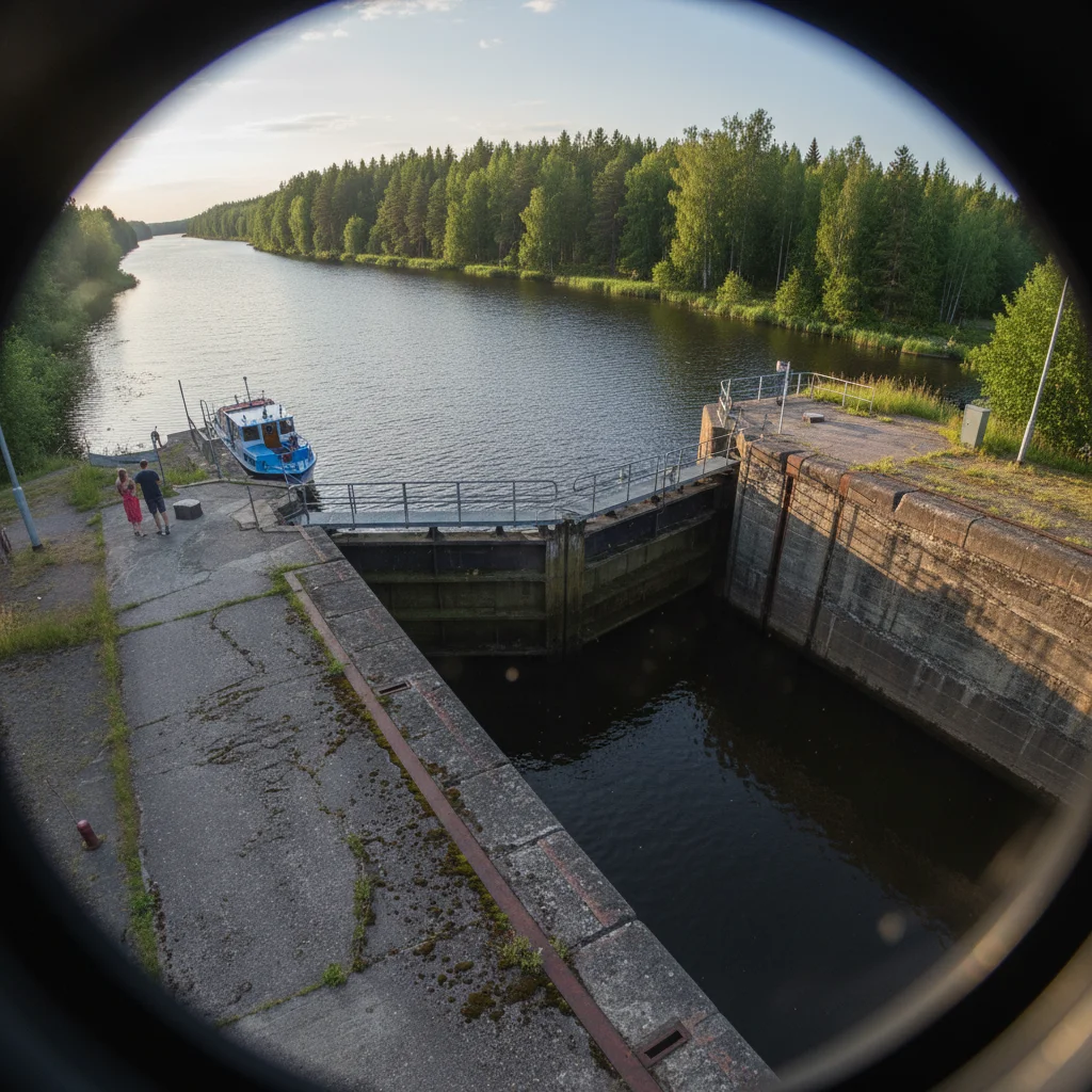 Saimaa Kanal mit Schleuse und Waldlandschaft