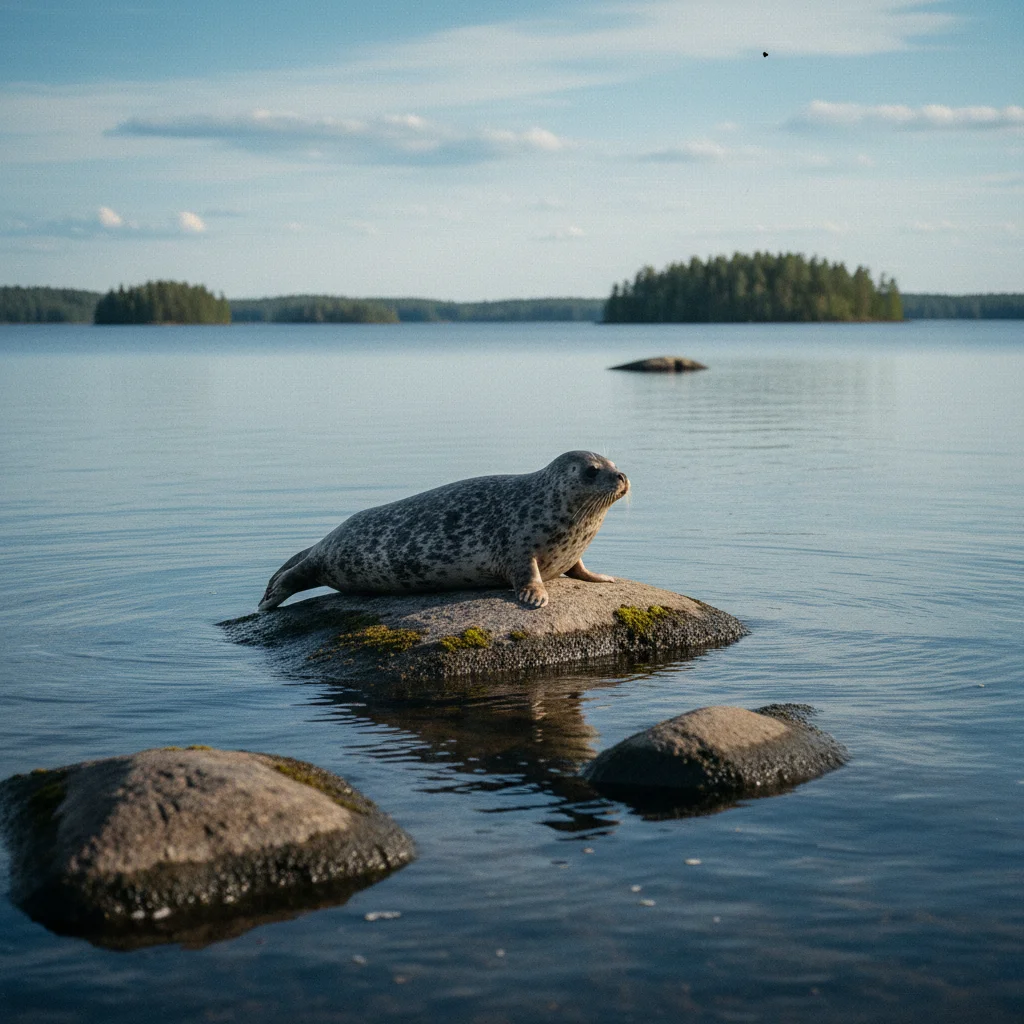 Saimaa Ringelrobbe ruht auf einem Felsen im See