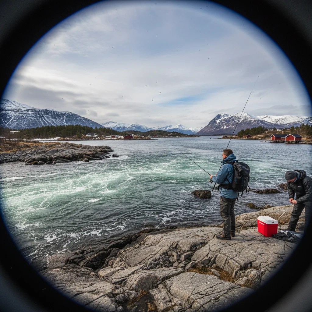 Angler am Ufer des Saltstraumen bei Bodø