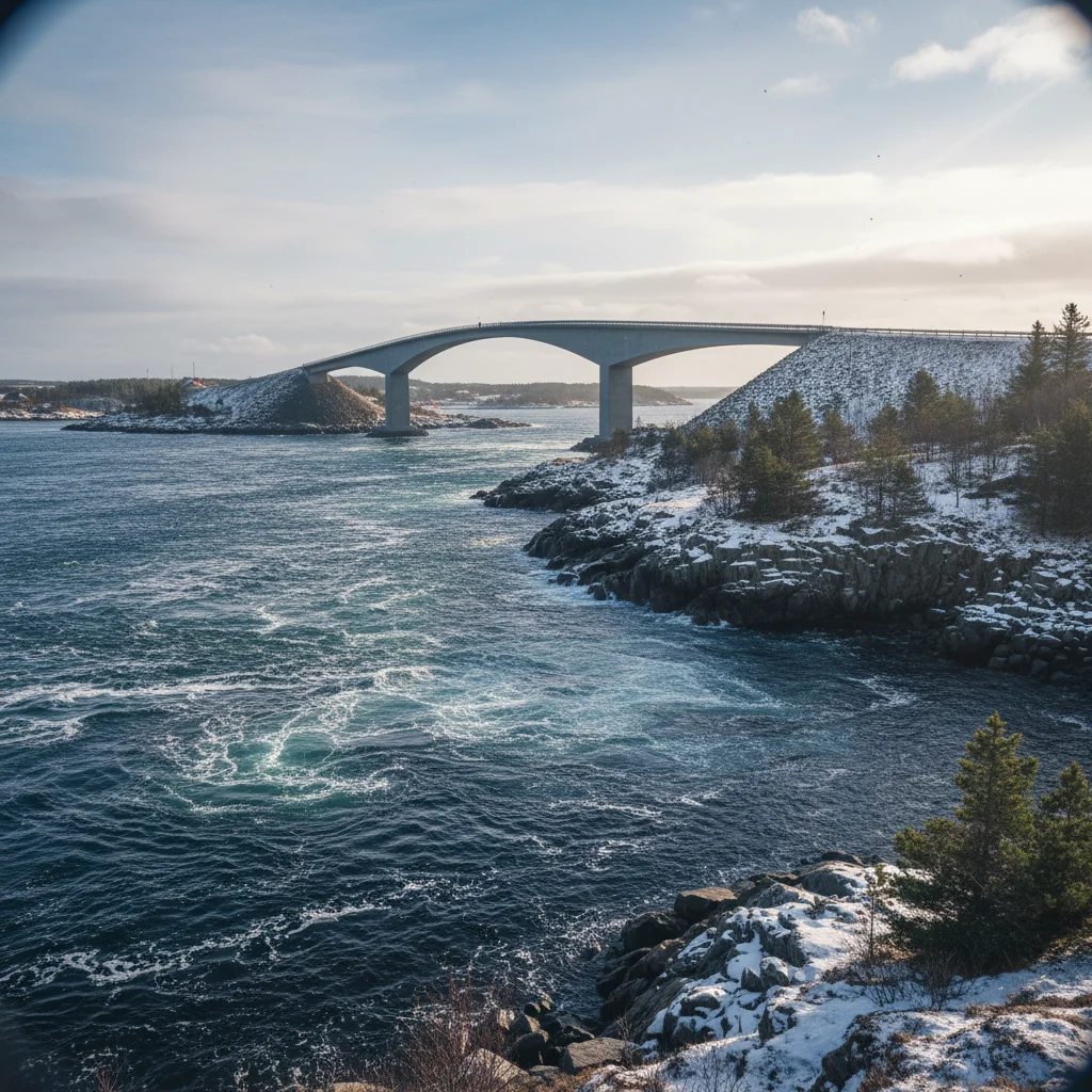 Brücke über den Saltstraumen mit Blick auf die Meerenge