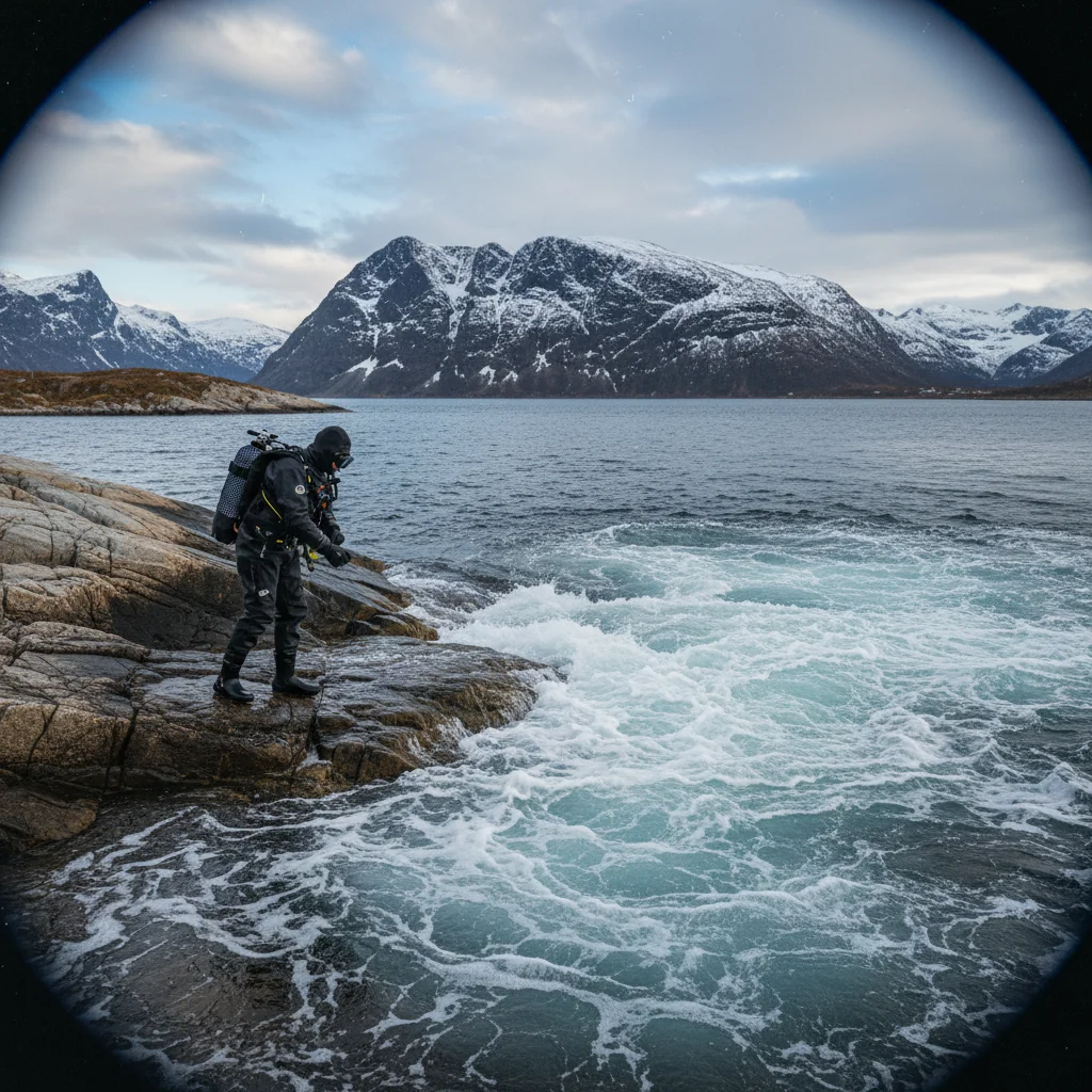 Taucher unter Wasser am Saltstraumen mit Meereslebewesen