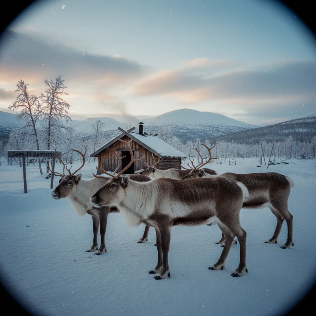 Rentiere in der finnischen Tundra bei Sonnenlicht