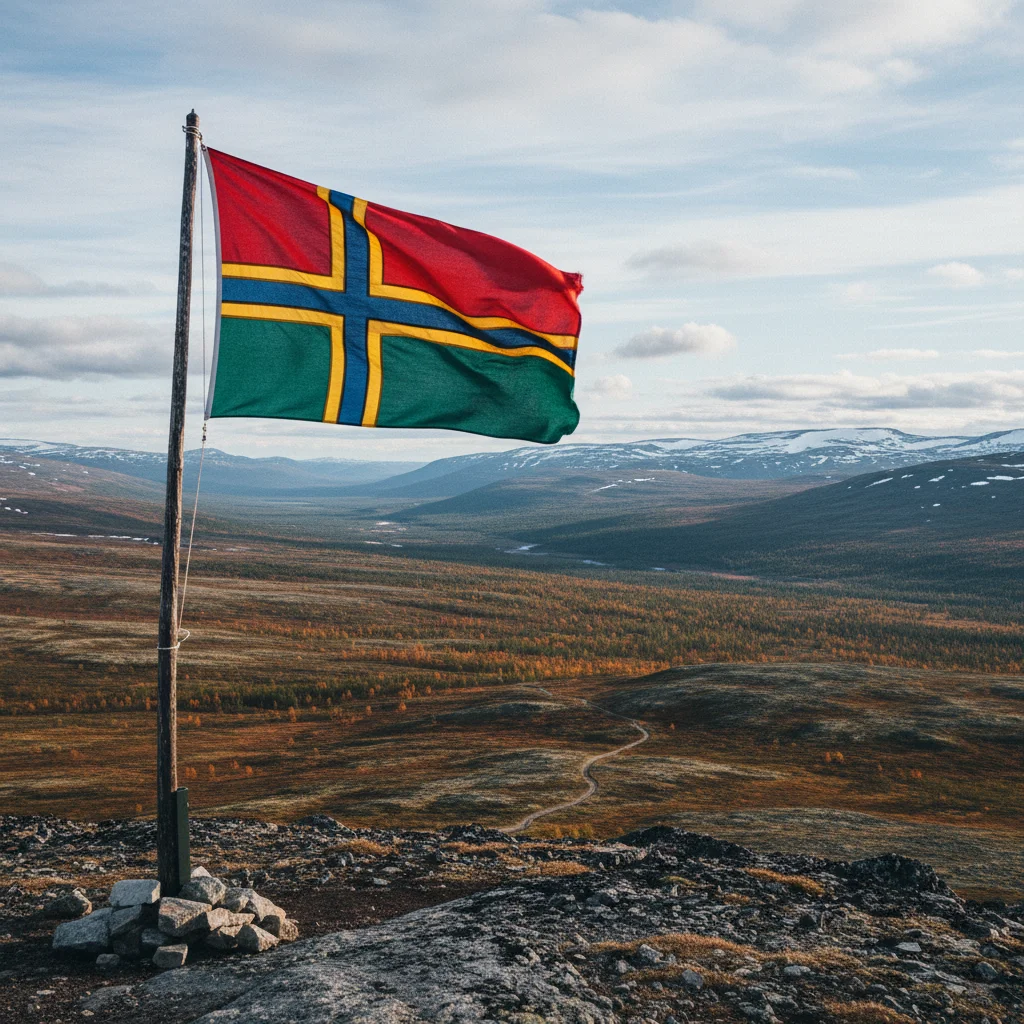 Samische Flagge in den Farben Rot, Blau, Grün und Gelb vor einer lappländischen Fjälllandschaft