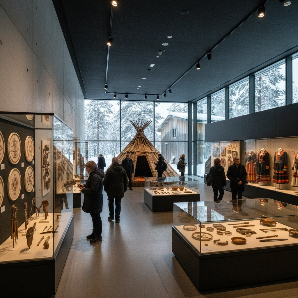 Ausstellungsraum im Ájtte Museum in Jokkmokk mit samischen Trachten und historischen Gegenständen