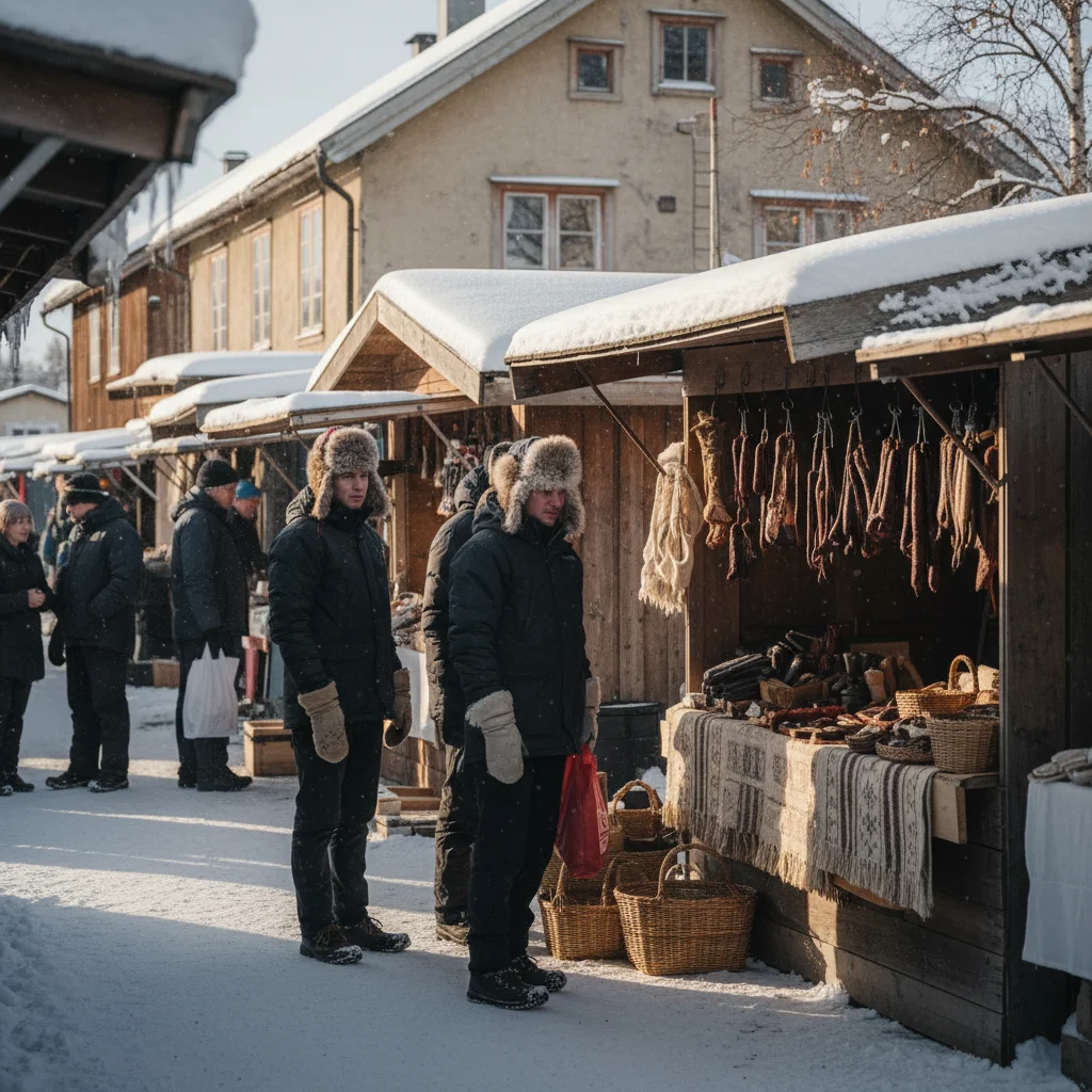 Stände auf dem historischen Jokkmokk-Wintermarkt mit samischem Kunsthandwerk und Besuchern im Schnee