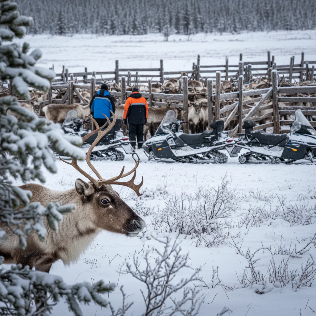 Samischer Rentierzüchter bei der Arbeit mit einer Herde in der verschneiten Landschaft Lapplands