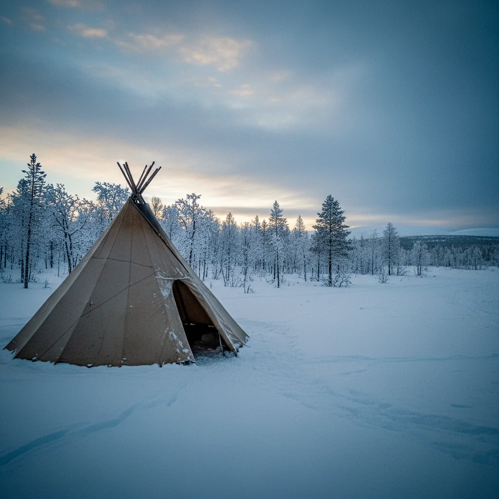 Traditionelles samisches Lavvu-Zelt in der lappländischen Landschaft