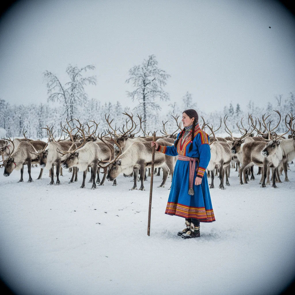 Rentierherde in der Finnmark, betreut von Sámi-Hirten