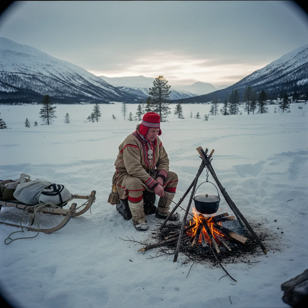 Sámi in traditioneller Tracht (Gákti) in Nordnorwegen
