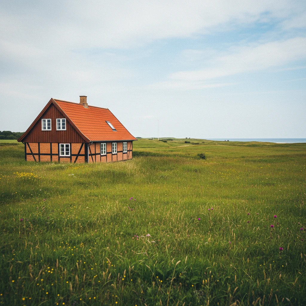Typisches dänisches Ferienhaus auf Samsø zwischen grünen Wiesen