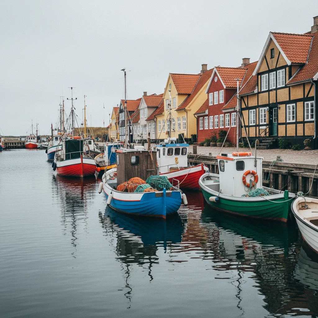 Kleiner Hafen auf Samsø mit bunten Fischerbooten und Fachwerkhäusern