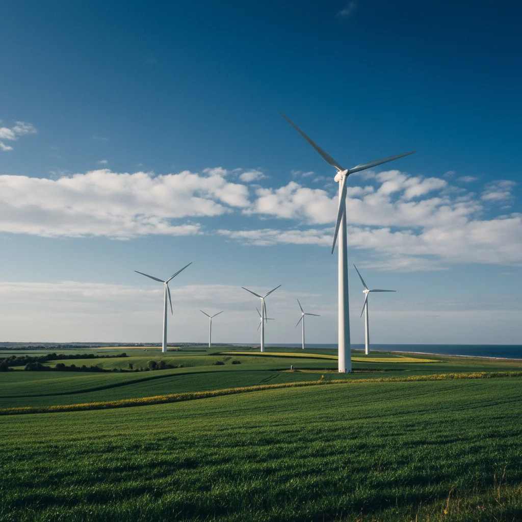 Windräder auf Samsø vor grünen Feldern und blauem Himmel