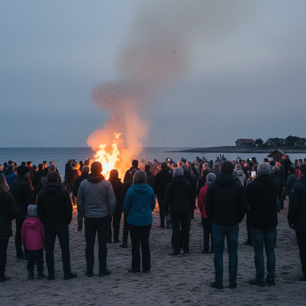 Sankt-Hans-Fest mit Menschenmenge und Feuer
