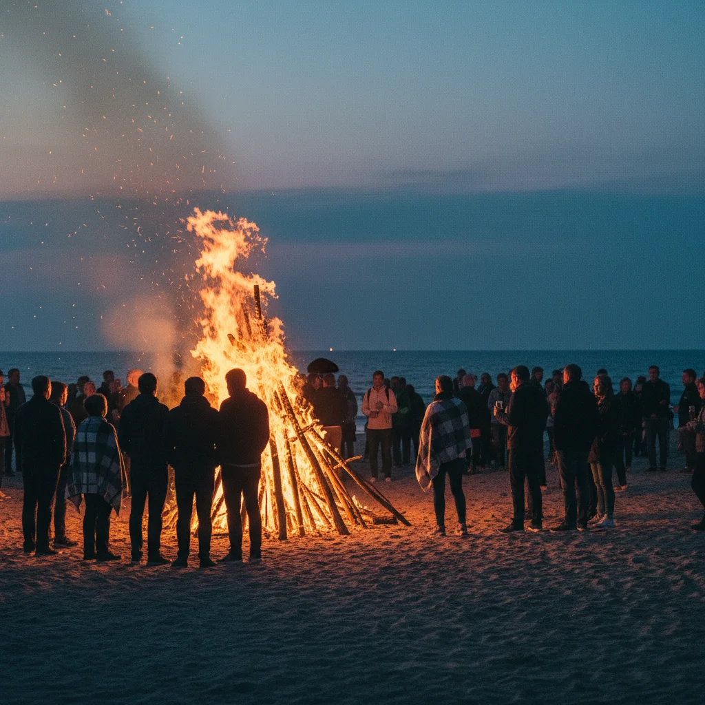 Großes Sankt-Hans-Feuer am Strand in Dänemark
