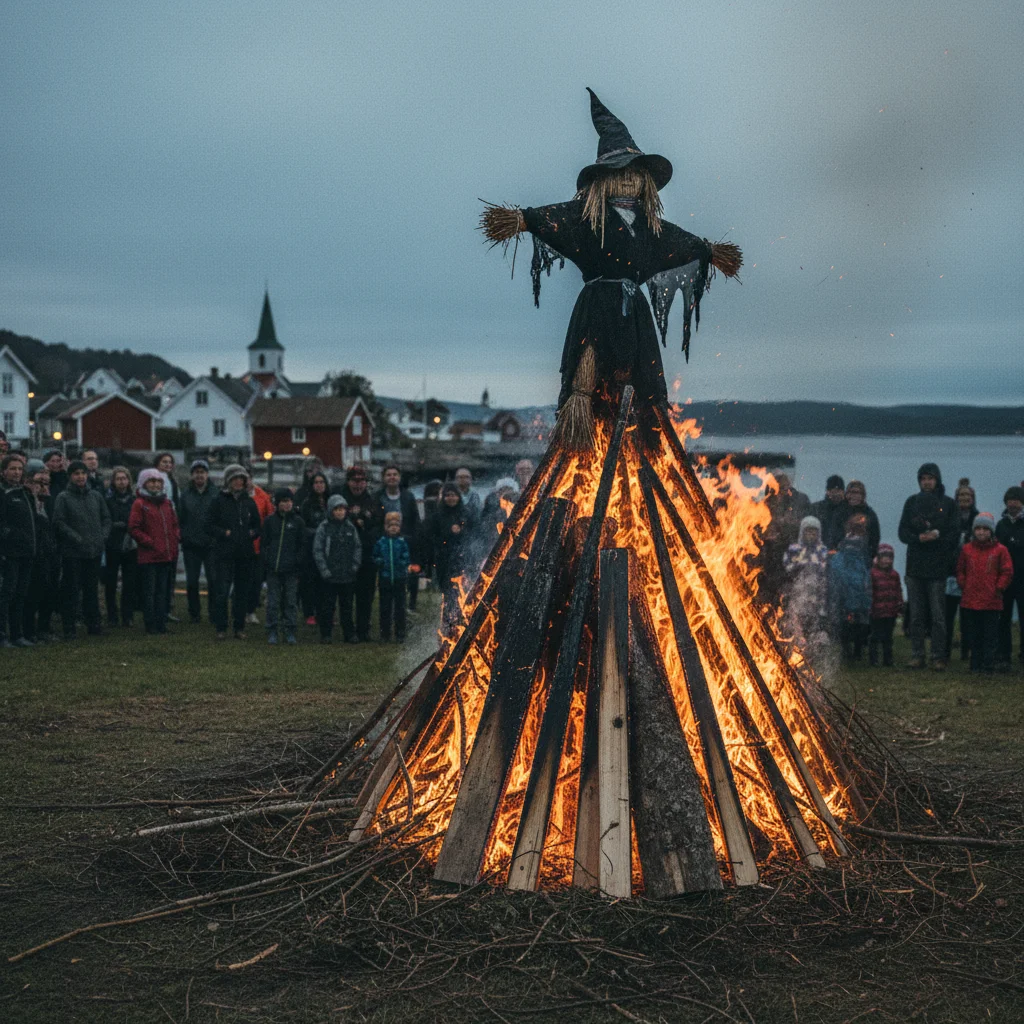 Strohpuppe als Hexe auf dem Sankt-Hans-Scheiterhaufen