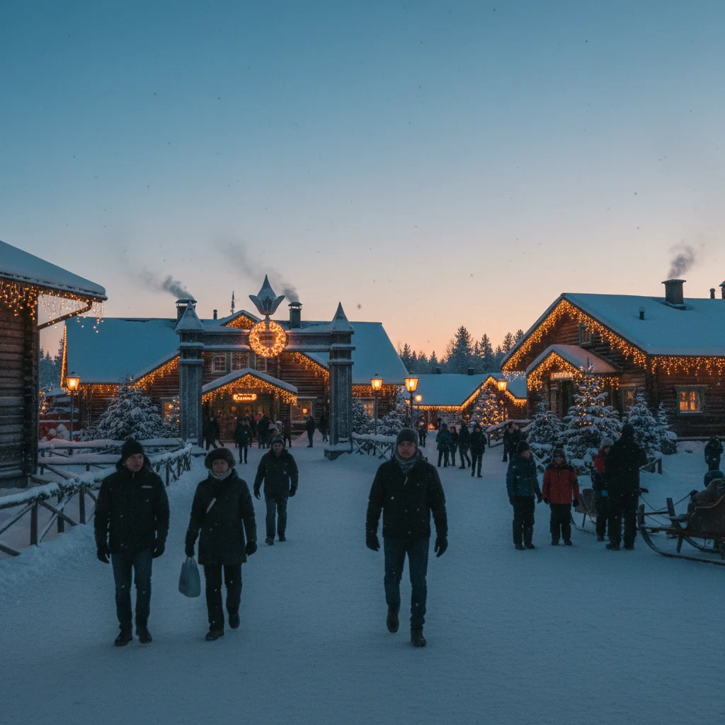 Beleuchtetes Santa Claus Village in Rovaniemi bei Dämmerung im Winter