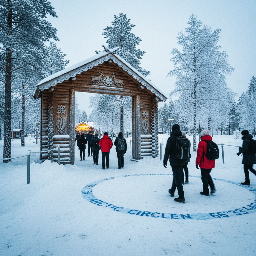 Eingangsbereich des Santa Claus Village in Rovaniemi mit Polarkreislinie