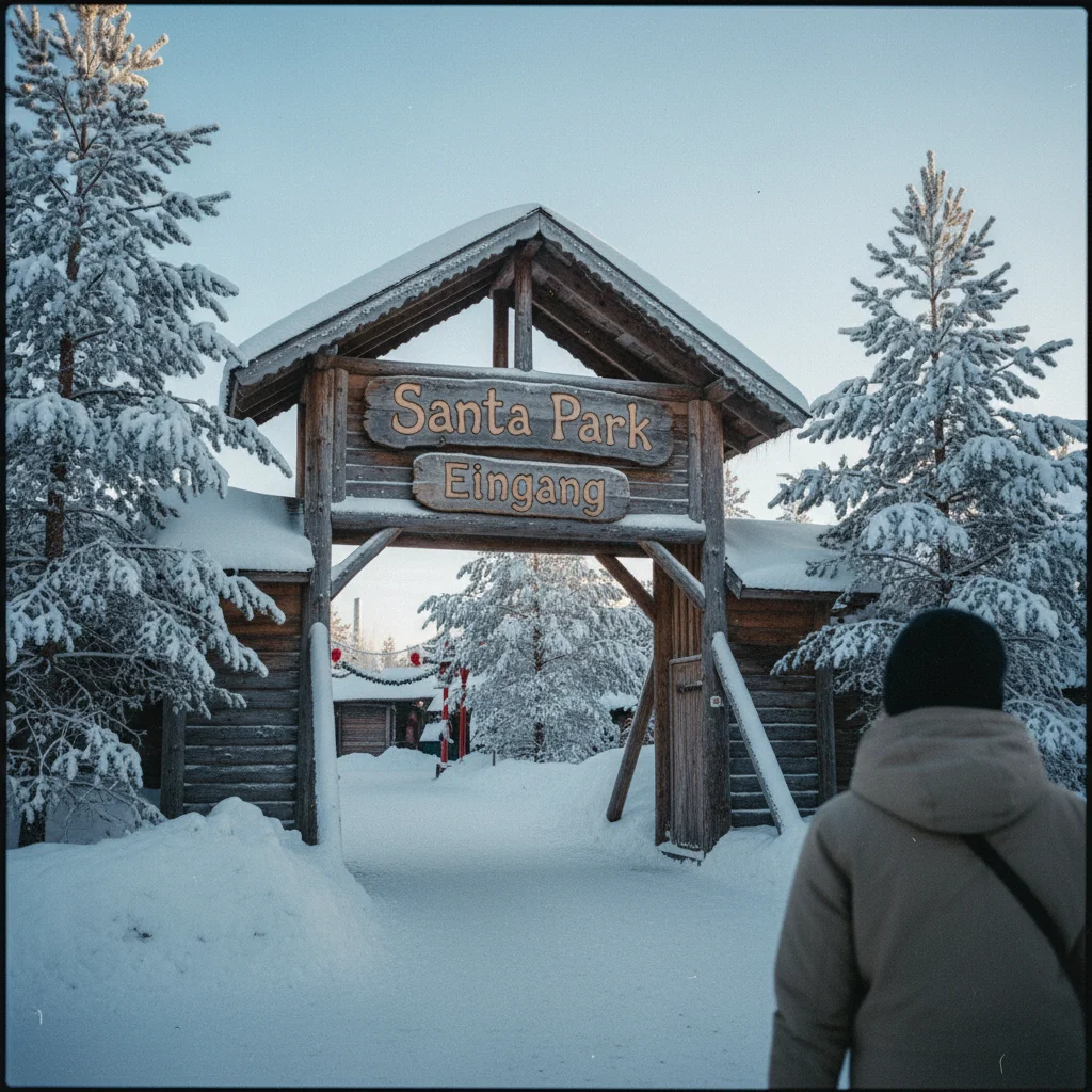 Beleuchteter Eingang zum Santa Park in Rovaniemi