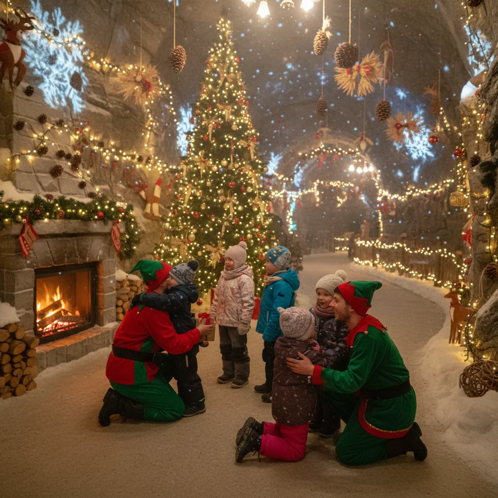 Kinder bestaunen die Weihnachtswelt im Santa Park