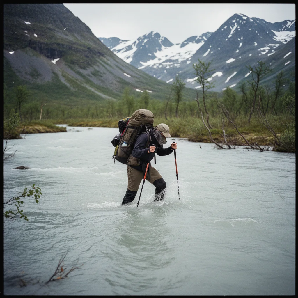 Wanderer bei der Querung eines breiten Gletscherflusses im Sarek mit Wanderstöcken zur Stabilisierung