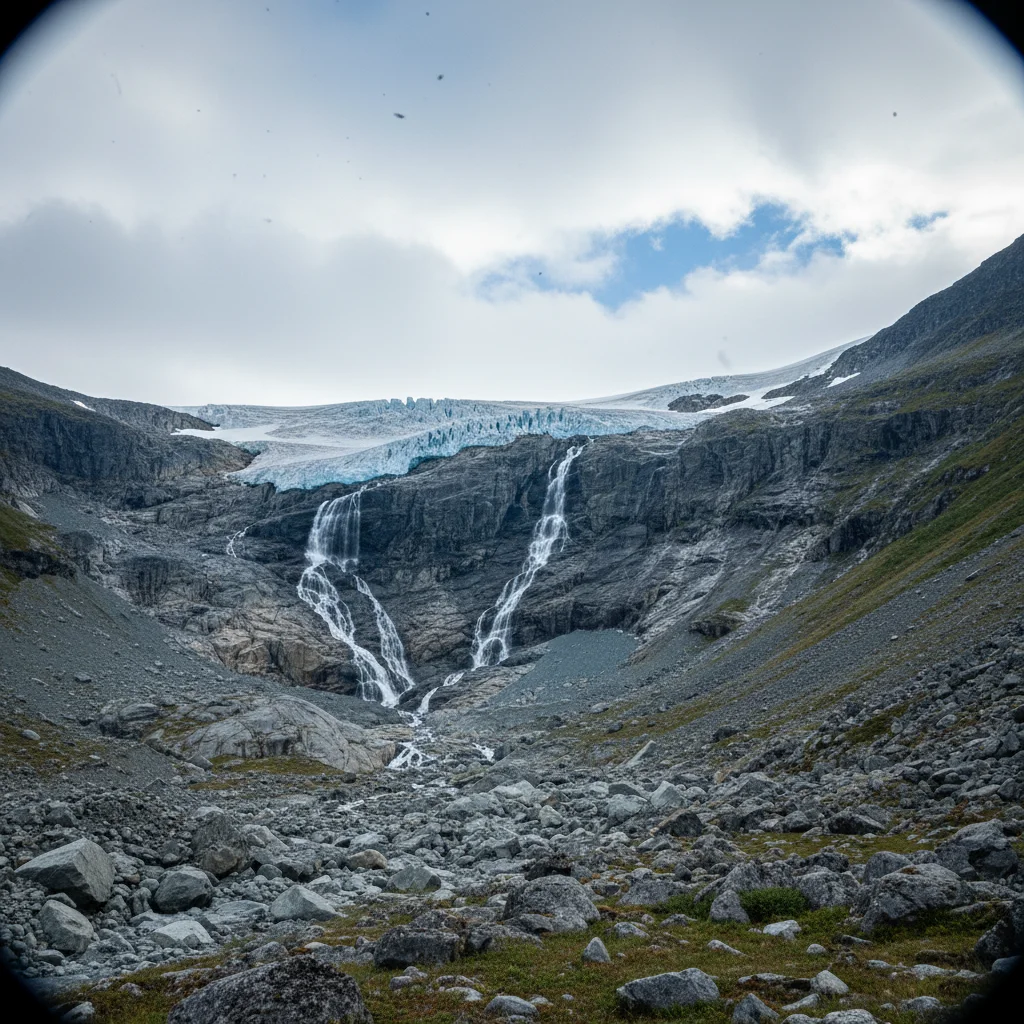 Gletscherzunge eines Sarek-Gletschers mit Moränenschutt und blauem Eis zwischen steilen Felswänden
