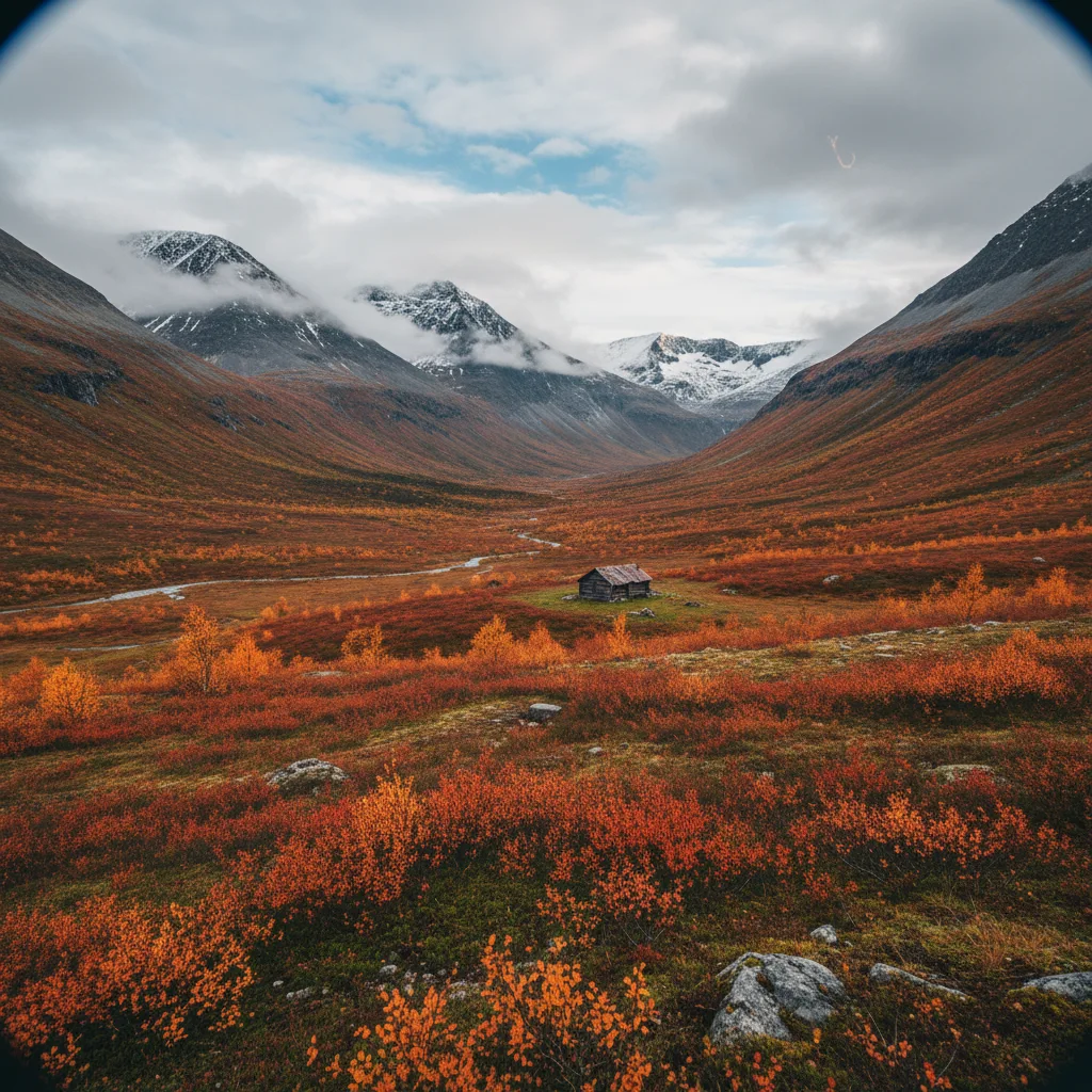 Herbstlich gefärbte Birkenwälder und Weidengebüsch in einem Sarek-Tal mit Bergen und Wolken im Hintergrund
