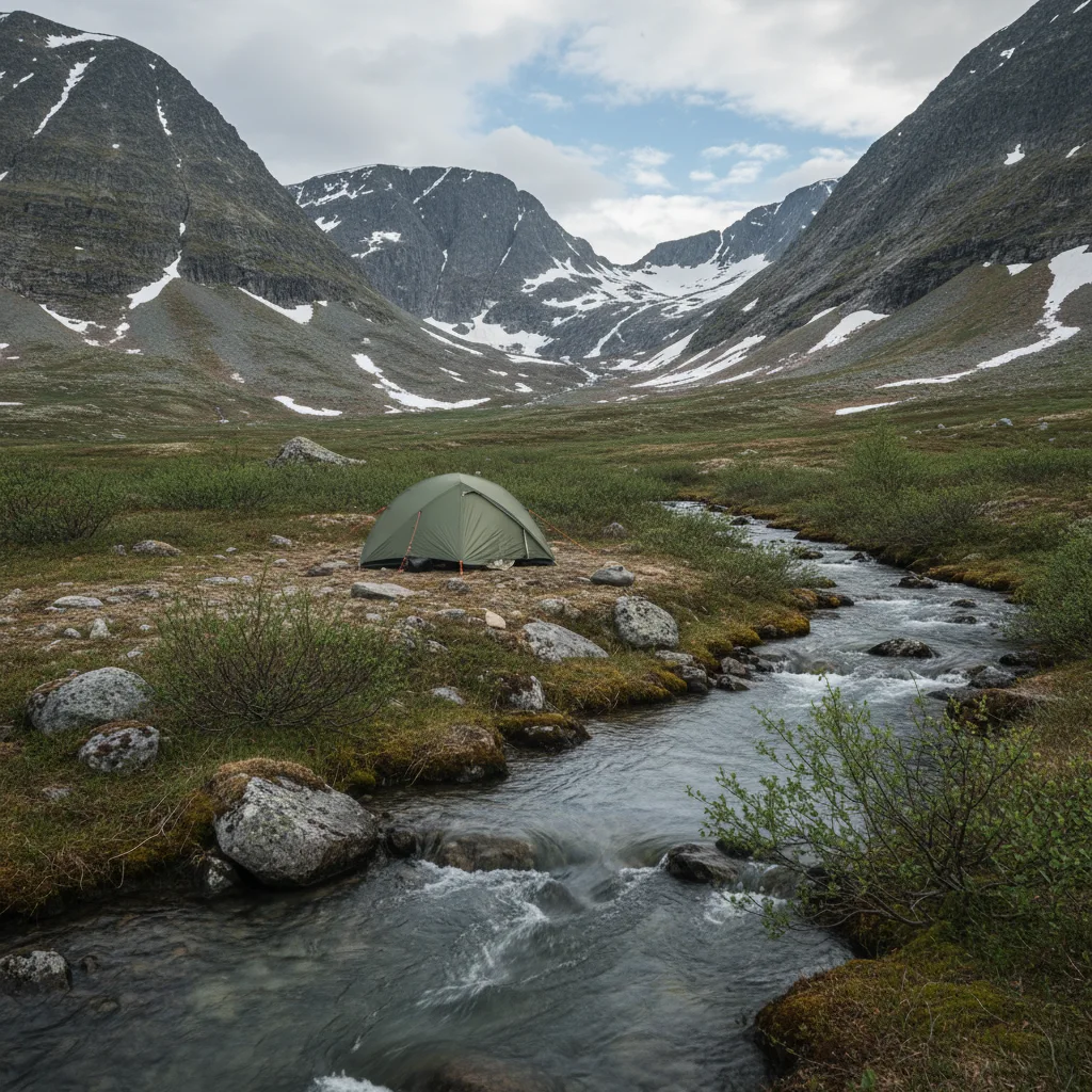 Sturmfestes Zelt auf einer Moräne im Sarek Nationalpark mit weitem Blick über ein Gletschertal bei Abendlicht