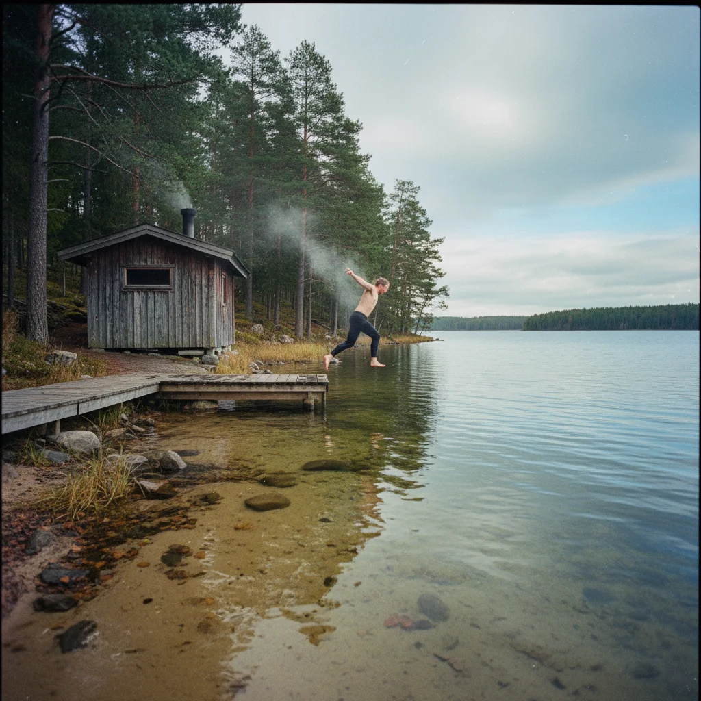 Traditionelle schwedische Holzbastu an einem See mit Badesteg und Morgennebel