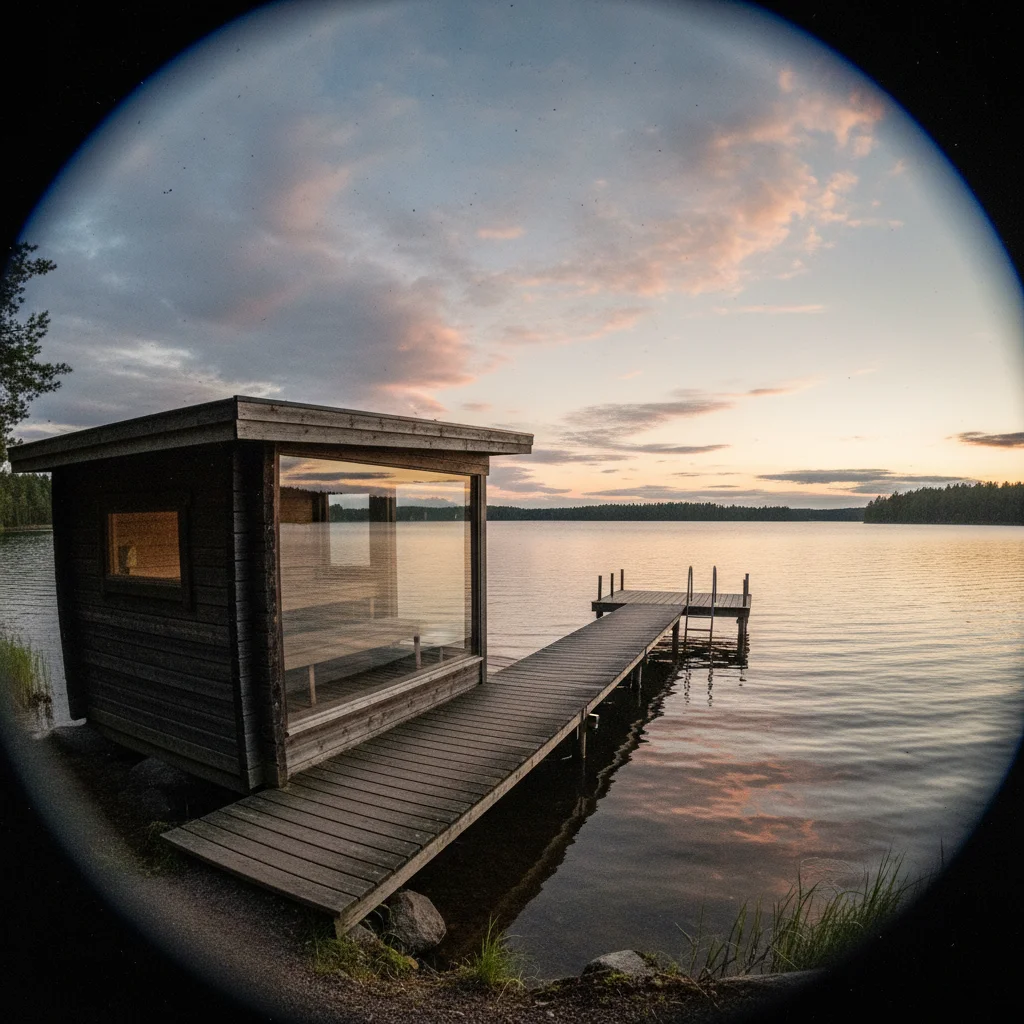 Holzsauna (Bastu) direkt am See in Schweden mit Steg und Abendlicht