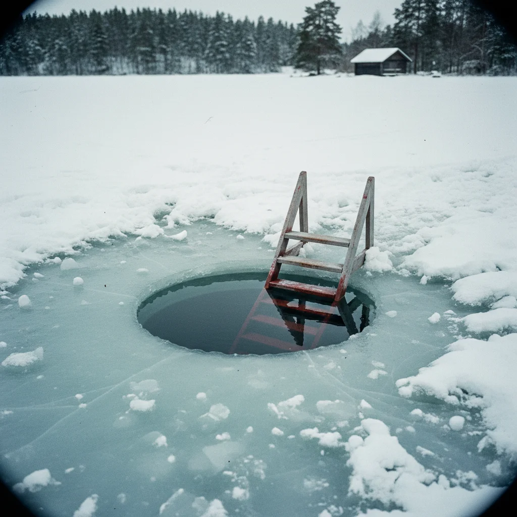 Eisloch im zugefrorenen schwedischen See mit Holzleiter zum Eisbaden